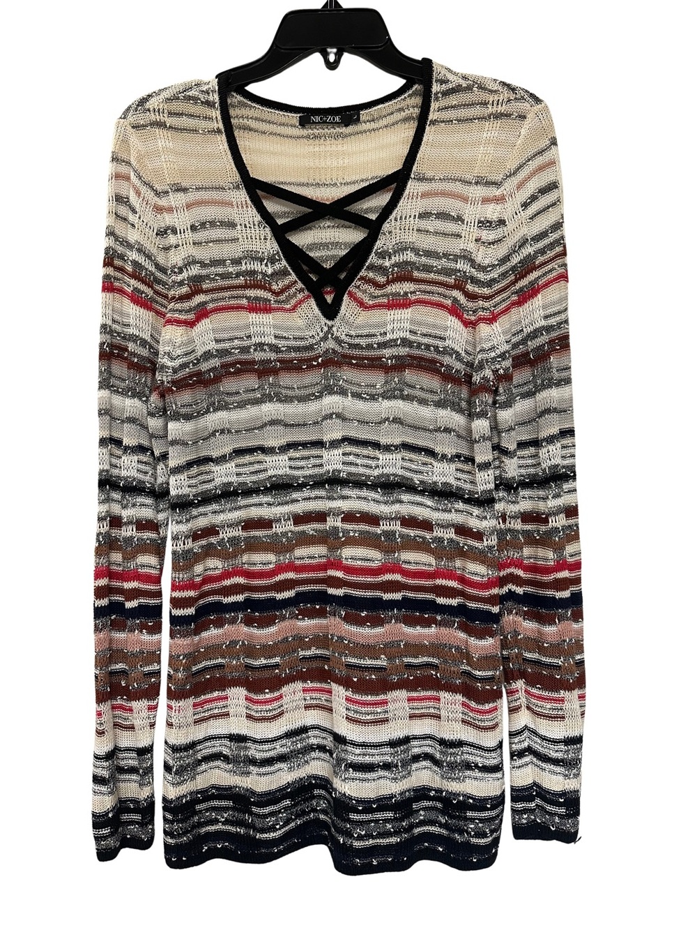 NIC + ZOE Space Dye Sweater Lattice V-Neck Long Sleeve Sz L